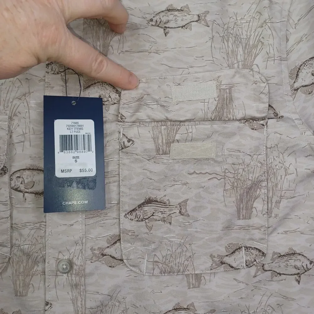 NWT Chaps Fishing Shirt | Men's Small | Tan Fish Print | UPF 50+ Quick Dry